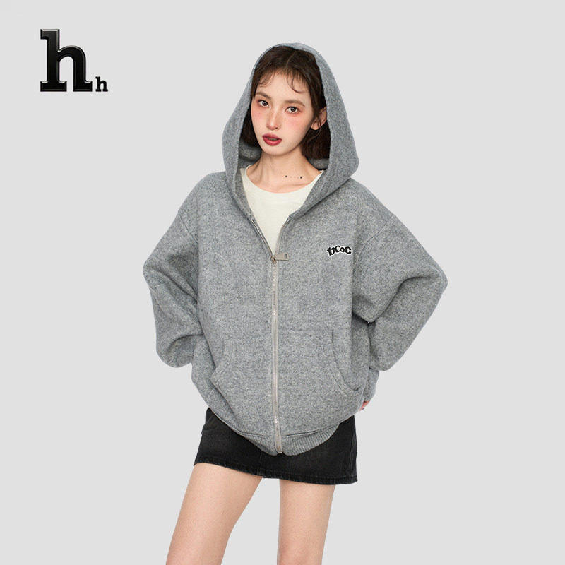 正品HH连帽针织毛衣外套女秋冬加厚软糯慵懒风中长款开衫卫衣