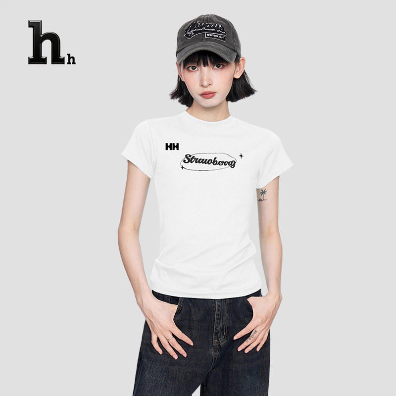 正品HH美式印花正肩女生短袖t恤女夏季紧身修身显瘦短款上衣