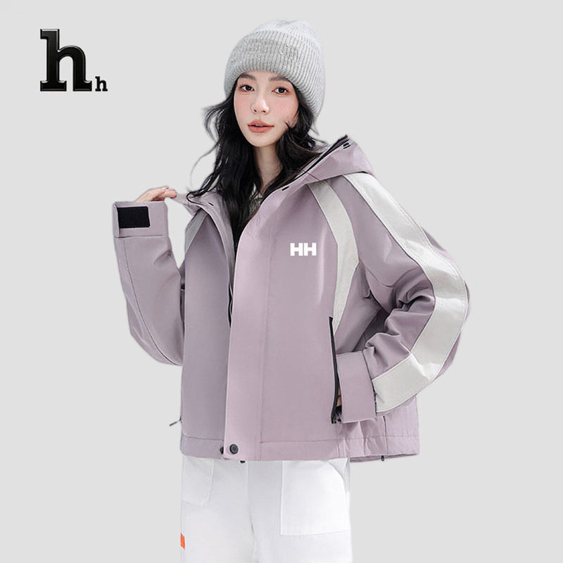 正品HH羽绒服女款潮流条纹撞色连帽短款冬季户外防风保暖外套