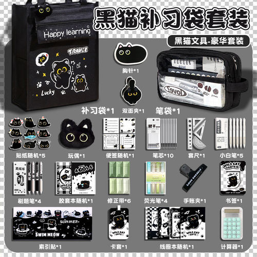 小黑猫一套凑齐~2026新款补习袋小学生手提拎书袋补课袋文具套装