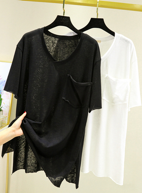夏季棉麻短袖t恤女宽松百搭亚麻上衣v领半袖黑白色体恤薄款打底衫