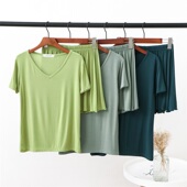 纯色V领短袖 套装 T恤大码 休闲宽松春夏季 牛油果绿飞边木耳边短裤