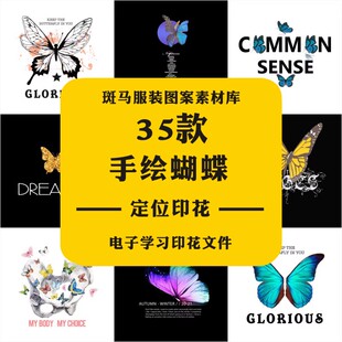 时尚唯美蝴蝶男女服装印花矢量图案素材水彩模糊线条字母组合图文