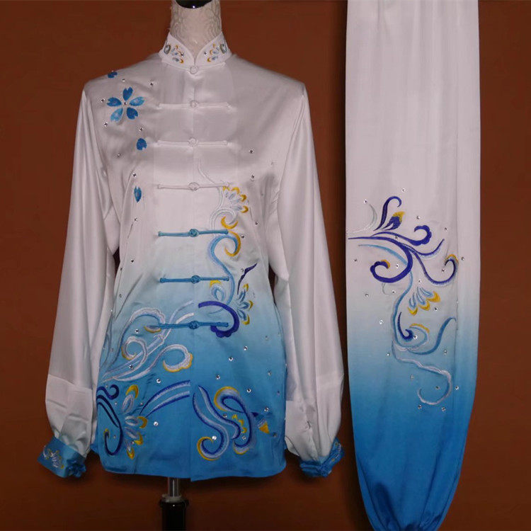 渐变色刺绣花太极拳表演服服武术服男女练功服团体比赛服晨练服