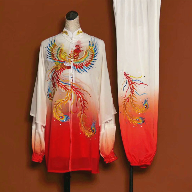 迎春太极拳服刺绣凤凰渐变色练功服团体比赛演出表演三件套订制