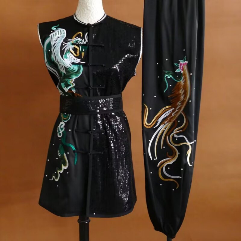 颐和迎春新款双凤凰刺绣南拳武术服青少年考试服黑色竞赛服表演服