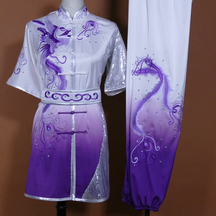 新款渐变色真丝绸武术服女刺绣凤凰练功长拳南拳服团体演出比赛服