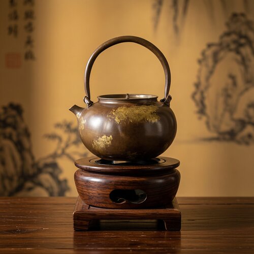 新中式手工做旧纯紫铜圆形提梁壶