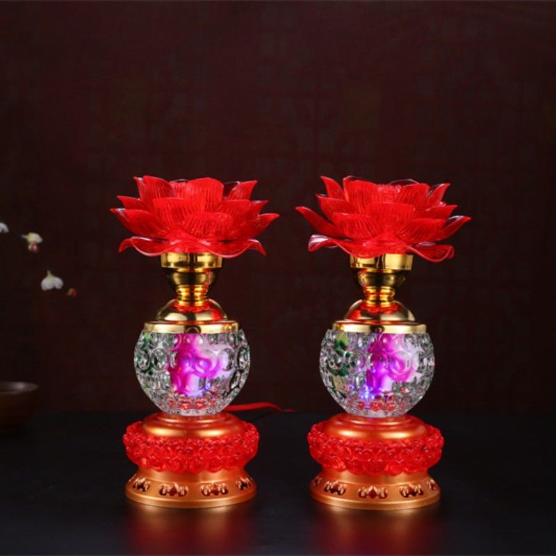 家用插电莲花灯佛前荷花灯供佛灯灯水晶玻璃红色LED观音仙家灯