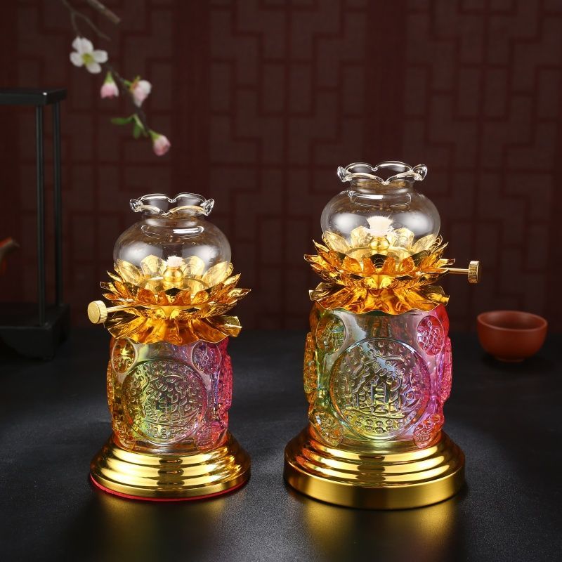 琉璃浮雕酥油灯光家用供佛灯长明灯防风玻璃莲花调光灯液体酥油灯