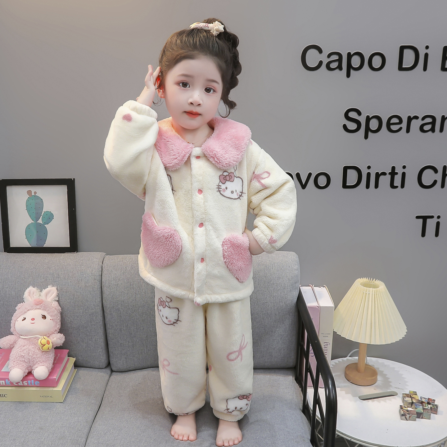 秋冬女童爱心口袋家居服套装