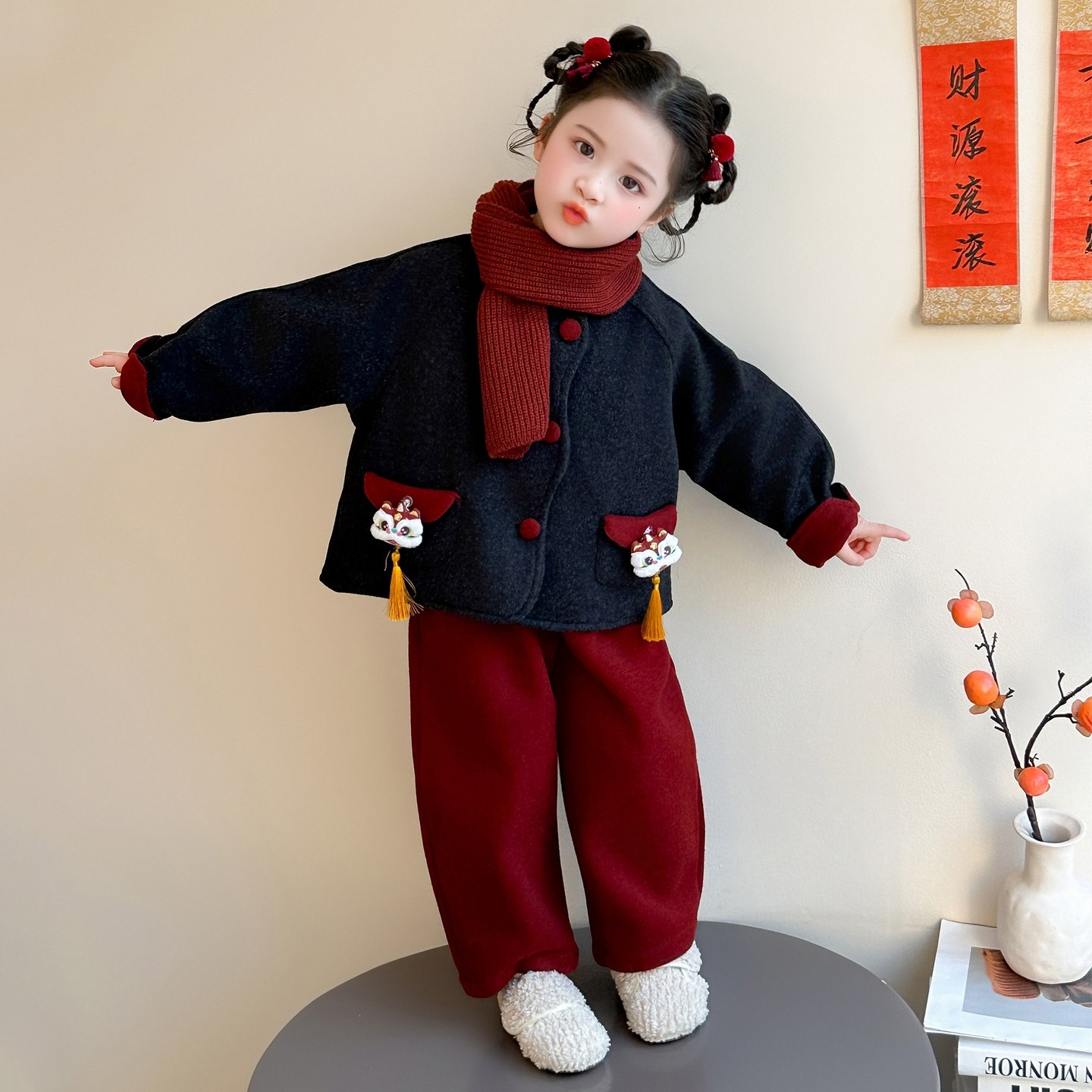 女童卡通醒狮唐装加厚女宝宝两件套呢子古风儿童拜年服新年衣服潮,童装/婴儿装/亲子装,唐装,淘宝优惠券,粉丝福利购,淘宝优惠卷