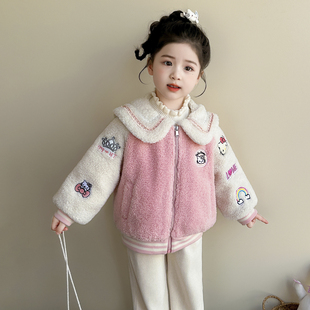 女宝宝翻领刺绣仿羊羔毛外套加绒儿童翻领拉链衫加厚卫衣女童冬装