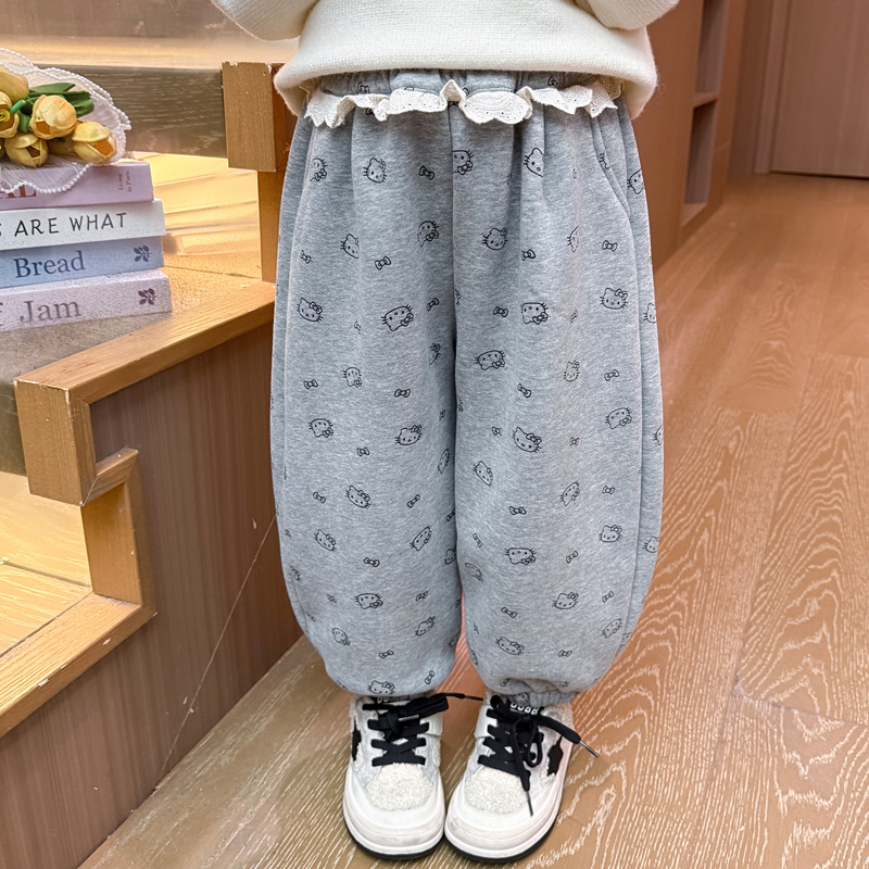 女童满版卡通加绒裤子花边小女孩可爱运动裤甜美加厚冬装宝宝长裤