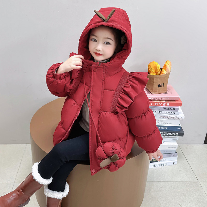 女童棉袄中长2025新款小女孩红色羽绒棉棉服中小童外套加厚收腰冬