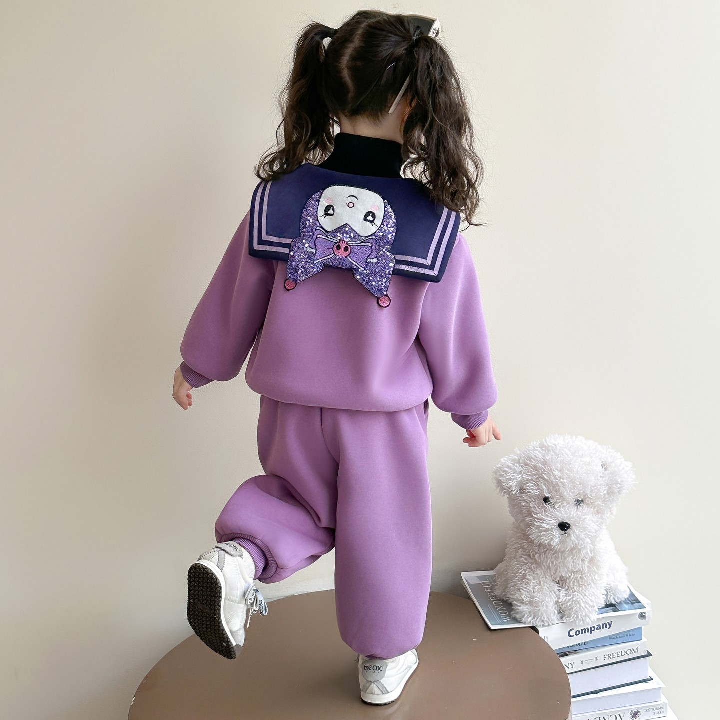 小女孩卫衣长袖加绒套装宝宝加厚休闲polo翻领两件套女童洋气冬装