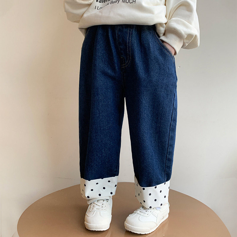 女童卷边波点春秋裤子百搭女宝宝牛仔裤休闲韩版小童长裤春装流行,童装/婴儿装/亲子装,裤子,淘宝优惠券,粉丝福利购,淘宝优惠卷