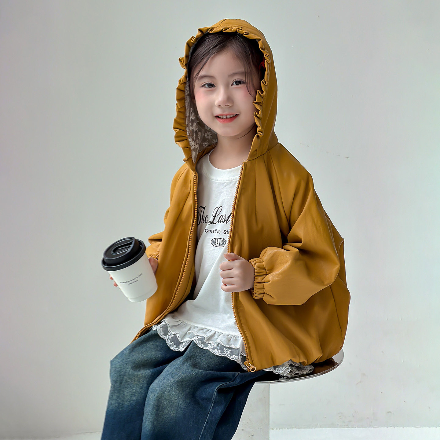 女童蕾丝帽PU外套小女孩皮衣韩版秋装小童冬款夹克衫上衣防风休闲