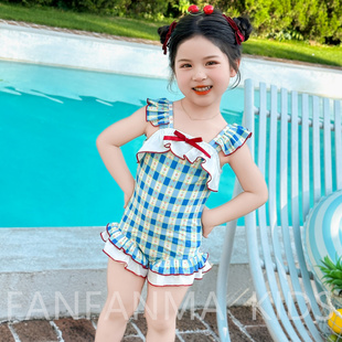 女宝宝游泳服女童洋气甜美连体衣夏装 小女孩格子飞袖 泳衣2025新款