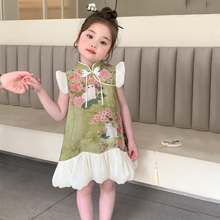 旗袍裙2025年小女孩盘扣裙子女宝宝连衣裙荷叶边夏装 女童卡通飞袖
