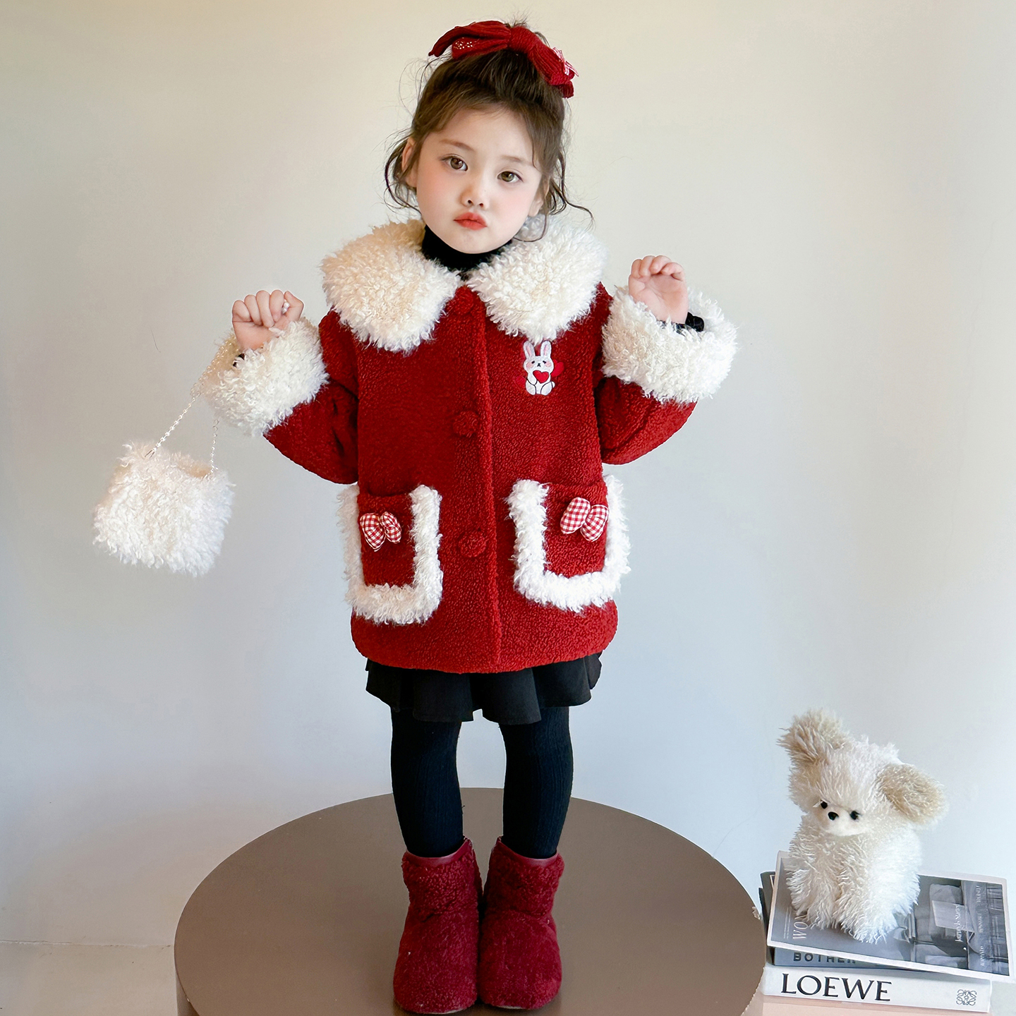 红色毛绒外套棉衣女童洋气时髦潮
