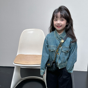 时髦女小童上衣春装 女童复古短款 儿童牛仔衣韩版 外套2025新款 童装