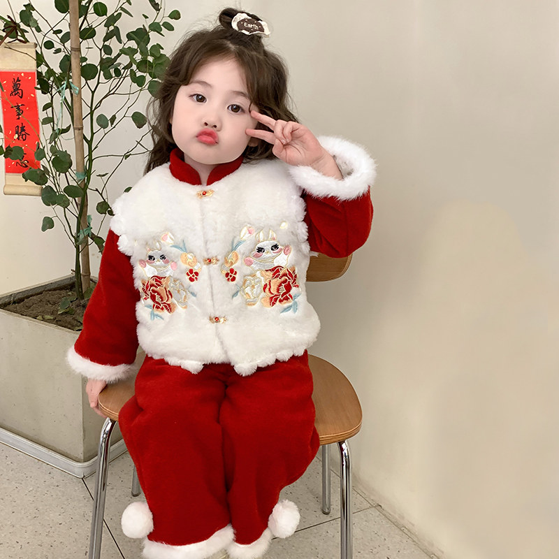 儿童加棉刺绣套装拜年服加厚小童唐装两件套女童新中式新年服冬装