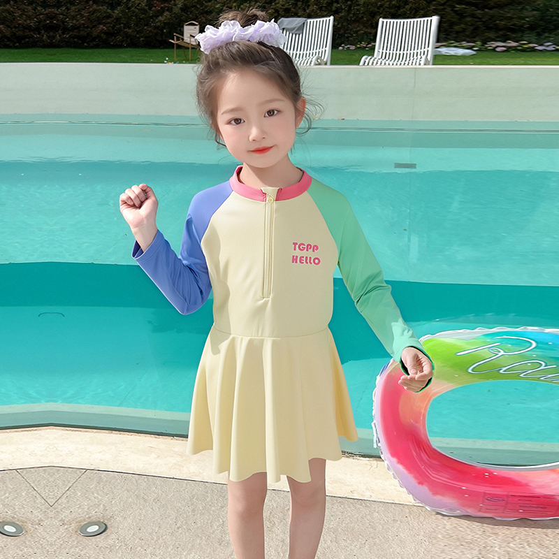 女童夏季長袖防曬泳衣裙褲防走光