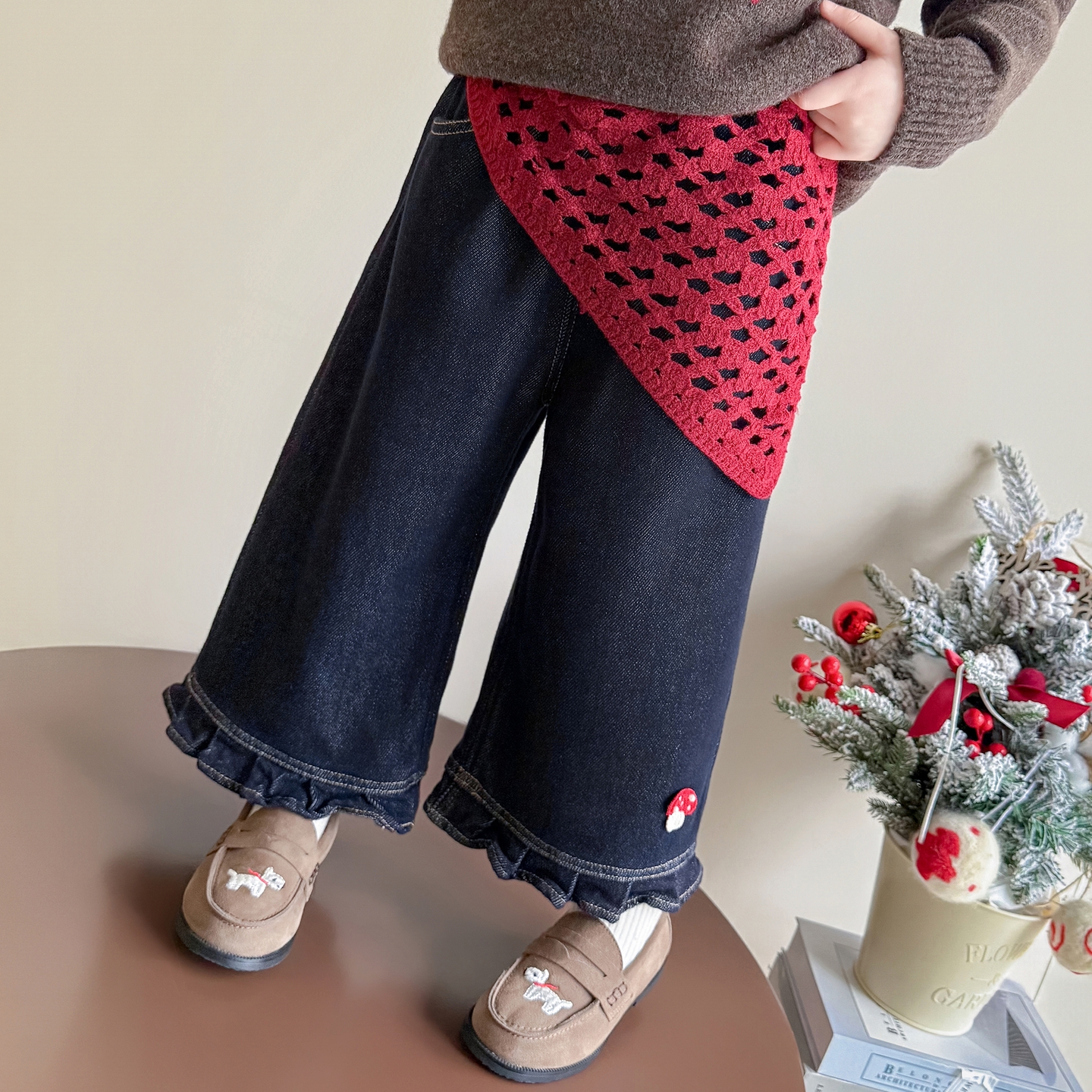 小女孩加绒牛仔阔腿裤女宝宝加厚裤子花边韩版女童宽松长裤外穿冬