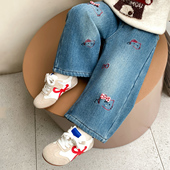 女童阔腿裤 加厚冬装 潮 超好看女宝宝长裤 小女孩卡通猫咪加绒牛仔裤