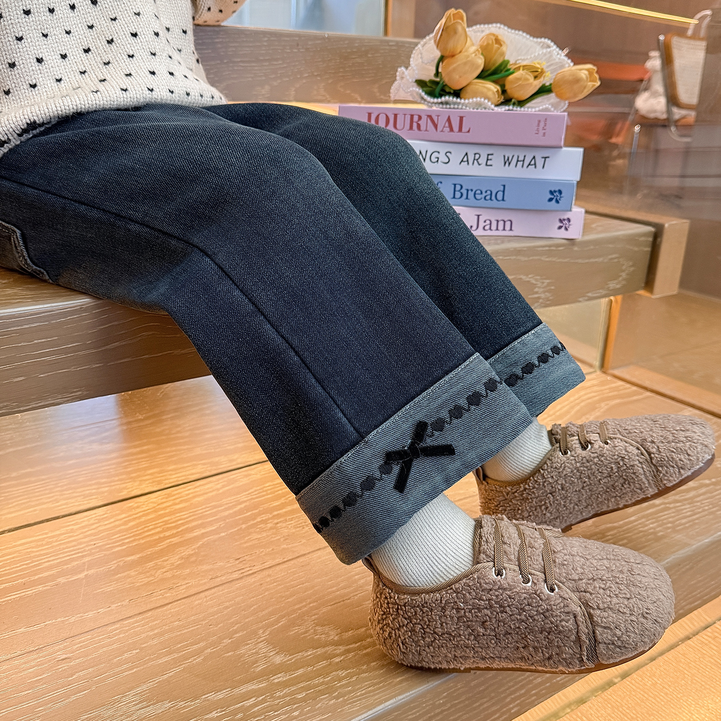 羊羔绒牛仔裤女童一体绒加厚裤子