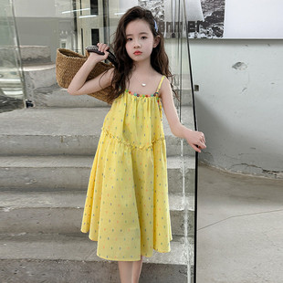 小女孩吊带裙碎花韩版2025新款中大童连衣裙女童裙子洋气黄色时髦