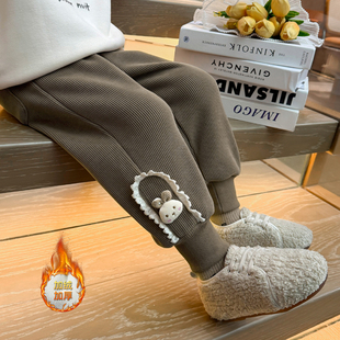 儿童卡通条绒裤加绒2025新款女宝宝休闲裤加厚女童裤子收口束脚冬