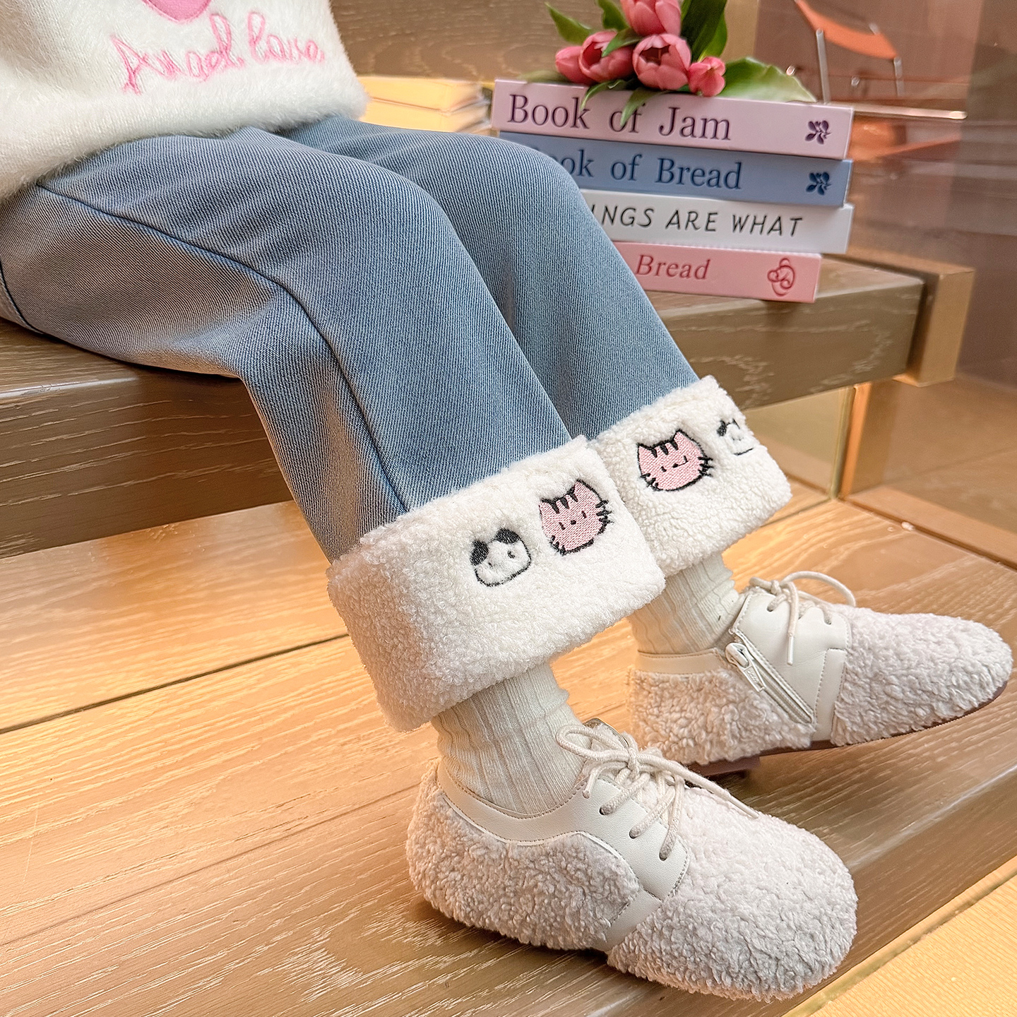 一体绒好穿直筒裤牛仔刺绣女童