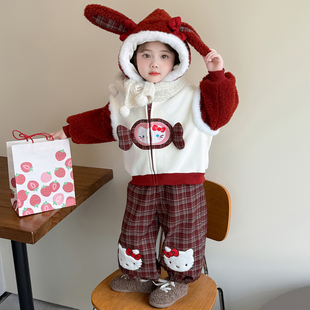 小女孩加绒加厚卫衣外套两件套女宝宝毛绒卡通秋套装女童流行冬装