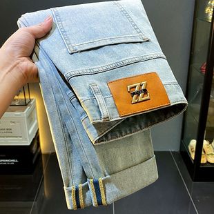 美式 男士 复古高端潮牌薄款 修身 子 夏季 小脚痞帅凉感长裤 浅色牛仔裤