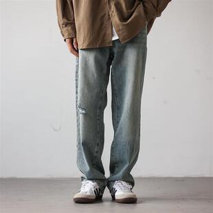 春秋款clanfit弹力直筒长裤男青年水洗灰雾蓝韩版宽松破洞牛仔裤