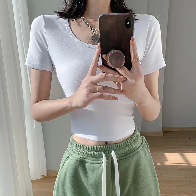 【85-140斤】甜美减龄上衣高腰女装短款修身女打底衫紧身短袖T恤