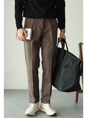 轻熟风秋冬季新款毛呢休闲商务西裤修身直筒九分长裤保暖纯色男士