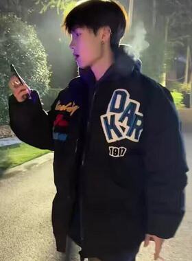 网红冬季国潮美式勋章字母刺绣棉服男女加棉外套高街加厚棉袄冬季