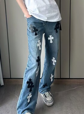 欧美高街快手网红重工十字架贴布潮牌牛仔裤男女直筒长裤宽松百搭