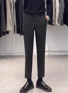 秋冬新款毛呢料裤男休闲裤修身韩版百搭直筒西装裤加厚男裤子潮流