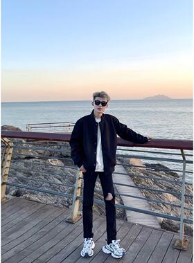 美式高街网红同款vibe风黑色单破洞牛仔裤男百搭宽松休闲直筒长裤