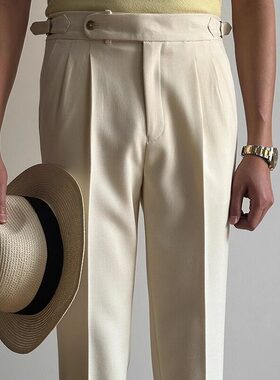 春季男那不勒斯高腰直筒廓尔格巴黎扣十分休闲裤英伦复古百搭西裤