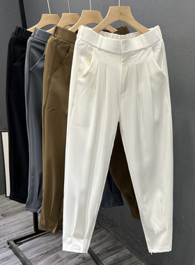 潮流设计弹力腰围褶皱夏季小脚裤男春夏裤子修身白色冰丝休闲裤男