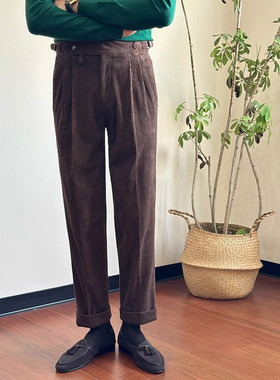 轻熟风意式复古时尚灯芯绒双褶垂感男士休闲西裤那不勒斯高腰长裤