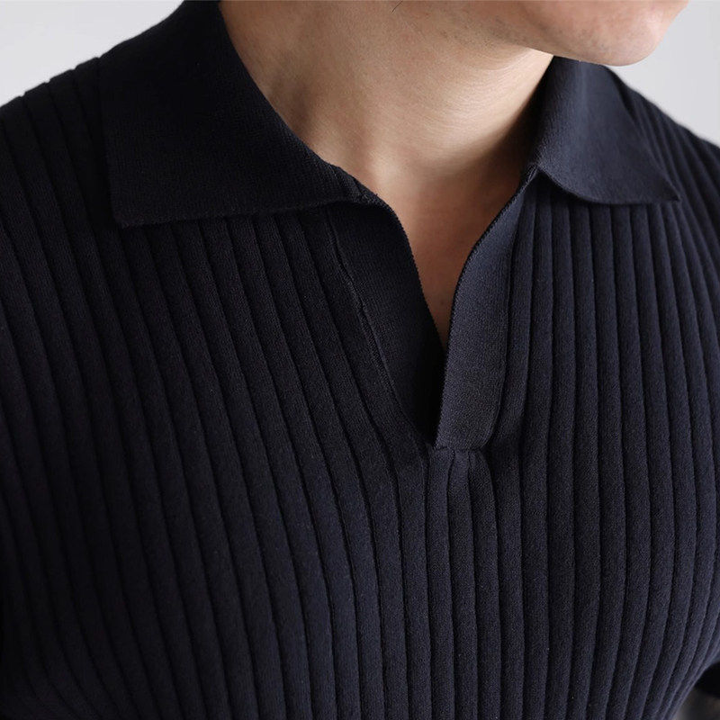 美式复古坑条纹V领海鸥领针织Polo衫短袖男士薄款T恤休闲商务夏季