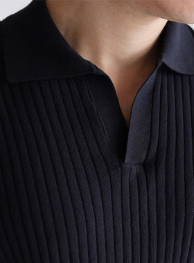 美式复古坑条纹V领海鸥领针织Polo衫短袖男士薄款T恤休闲商务夏季