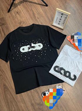 美式烫钻彩色宝石夏季纯棉圆领短袖男女同款GOOD印花T恤情侣上衣