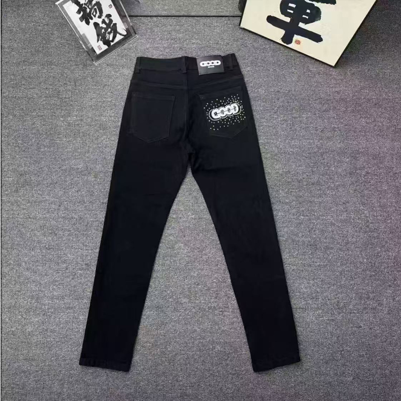 春秋季烫钻GOOD刺绣牛仔裤男女同款潮流修身小脚休闲黑色九分裤男